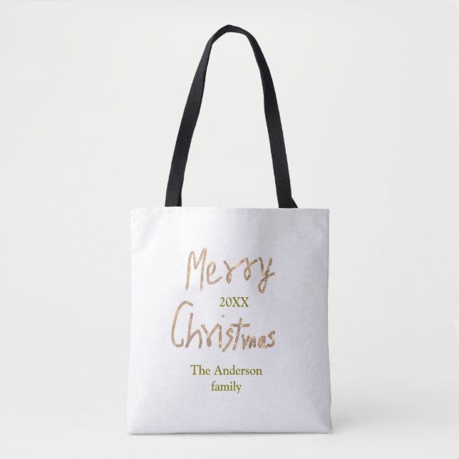 Bolsa Tote Golden glitter merry christmas add family name yea (Frente)