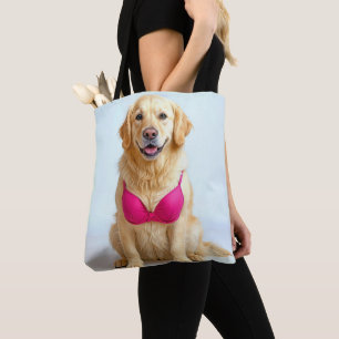Bolsa Tote Golden Retriever Usando um Sutiã Rosa