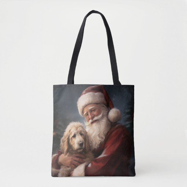 Bolsa Tote Goldendoodle com Papai Noel Natal Festivo (Frente)