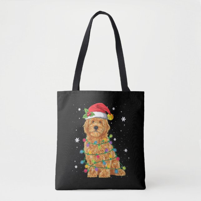 Bolsa Tote Goldendoodle Natal Santa Hat Luzes Fadas (Frente)