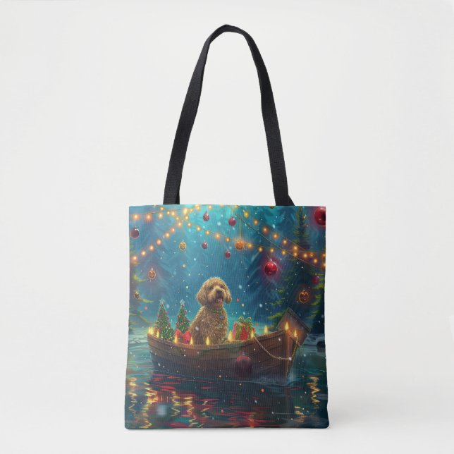 Bolsa Tote Goldendoodle Natal Viagem Festiva (Frente)
