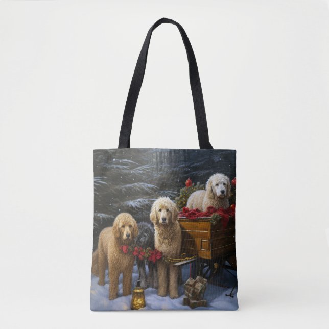 Bolsa Tote Goldendoodle Snowy Sleigh Decência de Natal (Frente)