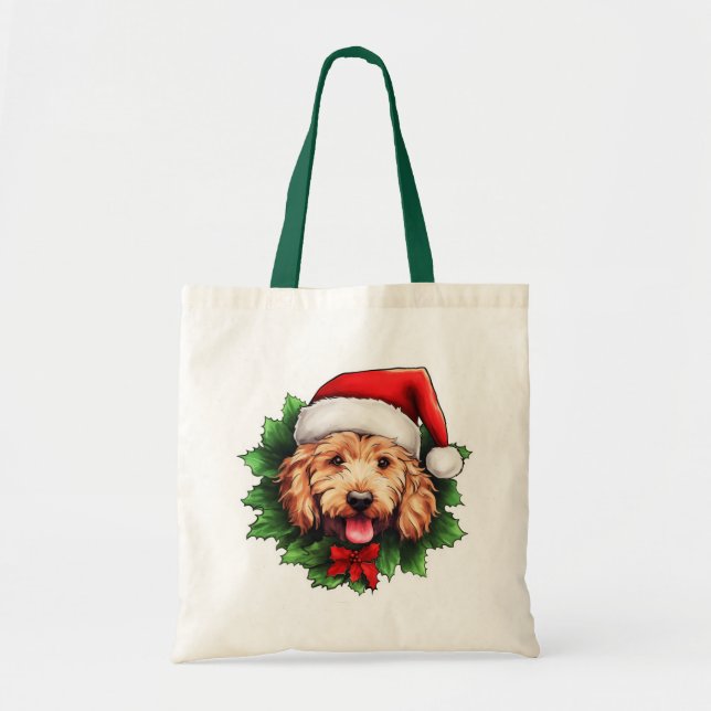 Bolsa Tote Goldendoodle Wreath de Natal (Frente)