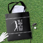 Bolsa Tote Golfer Golf Humor Funny Sports Moderno Black White<br><div class="desc">A design da citação de golfe "Tee It High & Let it Fly!" apresenta uma fonte divertida do século médio em branco sobre um fundo preto sólido combinado com uma silhueta de golfe fêmea também em branco. Personalize com iniciais, nome ou texto curto monogramados com o modelo simples de usar....</div>
