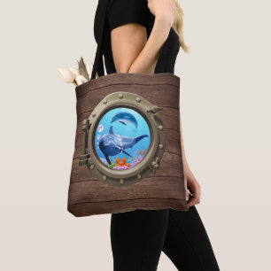 Bolsa Tote Golfinho Cinto Navio De Madeira Náutica Porthole