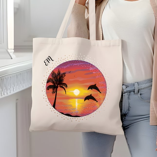 Bolsa Tote Golfinhos bonito Tocando nas Iniciais Sunset (Criador carregado)