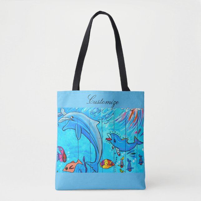 Bolsa Tote golfinhos risonhos design azul (Frente)
