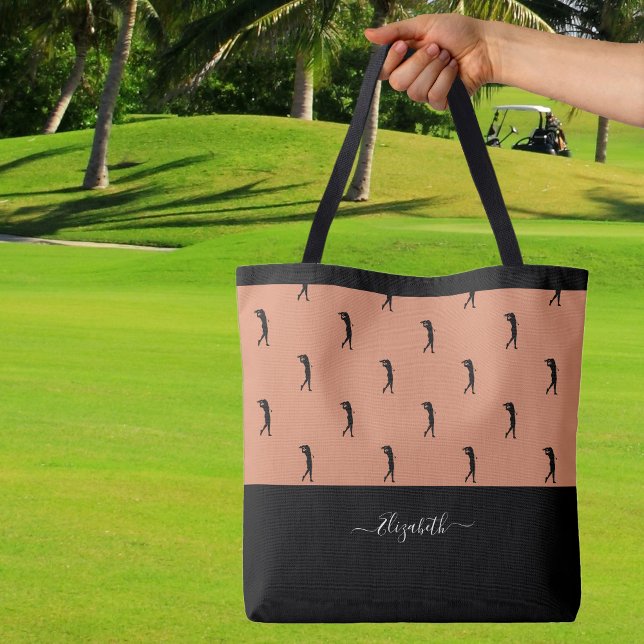 Bolsa Tote Golfista Personalizado Silhuette Moderna Preto (Personalized Golfer Modern Silhouette Brown Black Tote Bag Custom Name For Her)