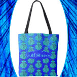 Bolsa Tote Golfo Shores Alabama Bonito Blue Scallop Shell<br><div class="desc">Golfo Shores, mala de tote com casca de couro bonito. Um belo design da natureza, com um padrão de casca de escalpo com um fundo azul arrojado dramático que parece brilhar. As conchas são uma turquesa de luz, que pop contra o fundo vibrante. Esta lembrança de na moda é a...</div>