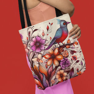 Bolsa Tote Gorgeous Red bird e floral Verão