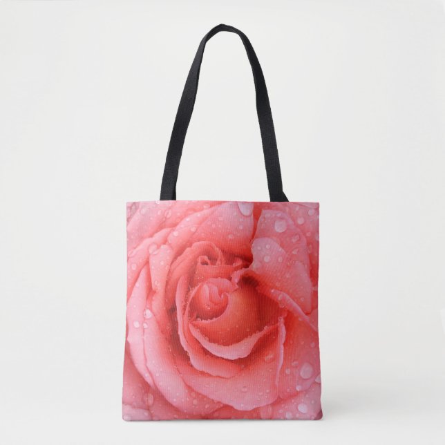 Bolsa Tote Gotas de Água de Rosa Vermelha Romântica (Frente)