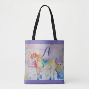 Bolsa Tote Gotas de Cores d'Água do Arco-Íris Cute Unicorn Pe