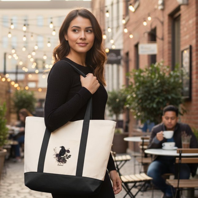 Bolsa Tote Gothic Raven & Midnight Blooms (Personalized black raven floral tote bag)