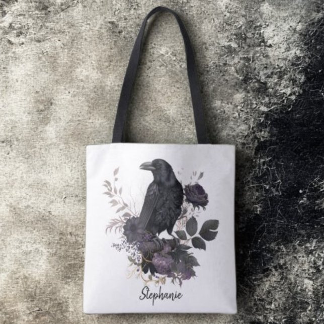 Bolsa Tote Gothic Raven & Midnight Blooms (Floral black raven personalized tote bag)