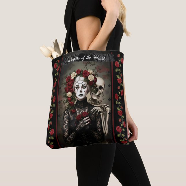 Bolsa Tote Gothic Rose Queen – Dark Romantic Art with Skeleto (Close Up)