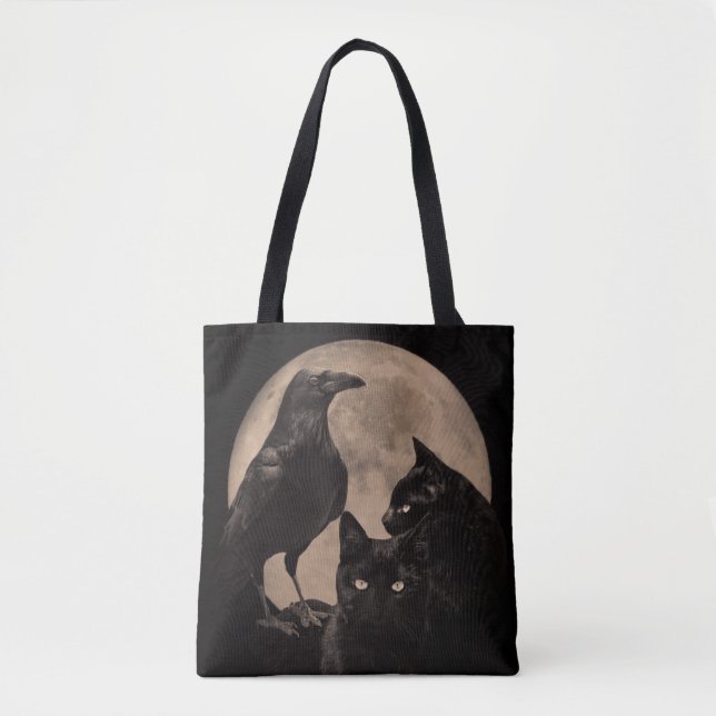 Bolsa Tote Gótica Raven, Gatos Pretos e Lua (Frente)