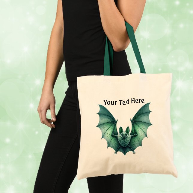 Bolsa Tote Gótica Spread de Asas de Bat Verde Spooky (Spooky Gothic look green furry bat with spread wings on white tote bag with green handles.)
