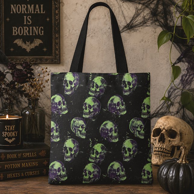 Bolsa Tote Gótico Crânios Verdes Grunge Halloween (Criador carregado)