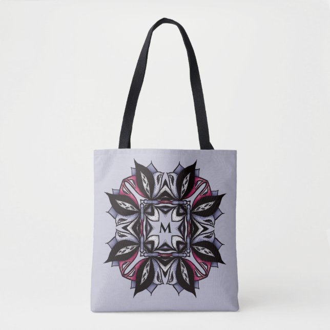 Bolsa Tote Gótico Monograma Preto Roxo-Gótico Mandala (Frente)