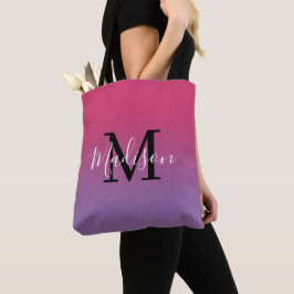 Bolsa Tote Gradação Rosa a Roxo do Nome do Monograma Moderno
