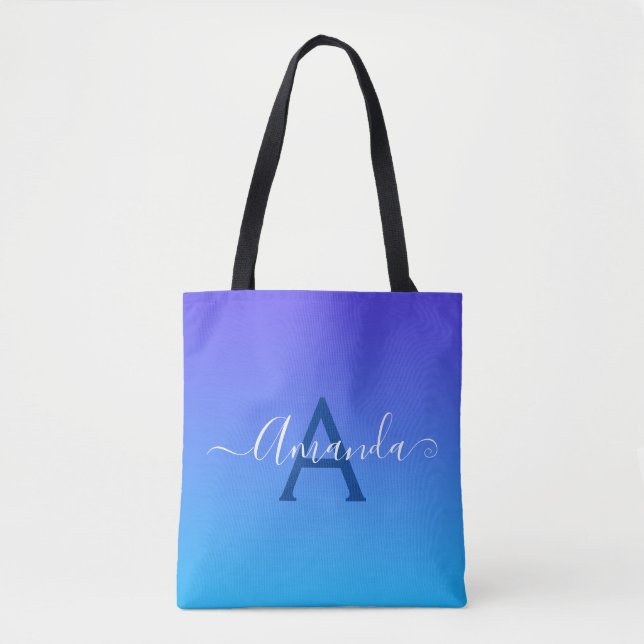 Bolsa Tote Gradient Blue elegant Monograma e nome (Frente)
