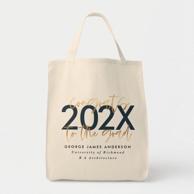 Bolsa Tote Graduação de na moda de escrita moderna azul e dou (Frente)
