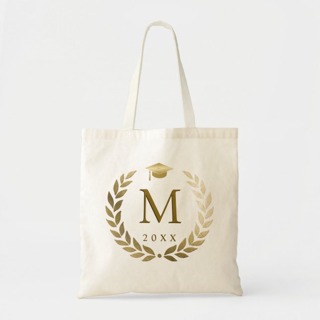 Bolsa Tote Graduação Dourada Laurel Wreath Monograma Inicial (Frente)
