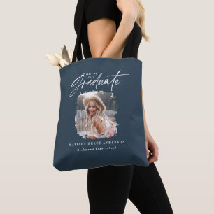 Bolsa Tote Graduação elegante de fotos com script azul do m