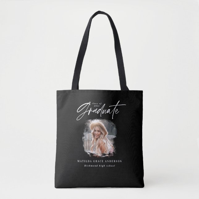 Bolsa Tote Graduação elegante de fotos com script branco pret (Frente)