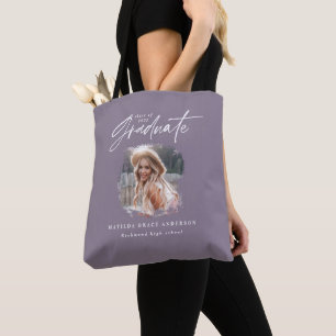 Bolsa Tote Graduação elegante de fotos com script roxo modern
