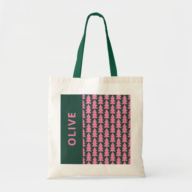 Bolsa Tote Gráfico da árvore de Natal verde-rosa moderna (Frente)