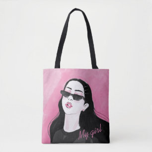 Bolsa Tote Gráfico de Rapariga Moderna Cor-de-Rosa Personaliz