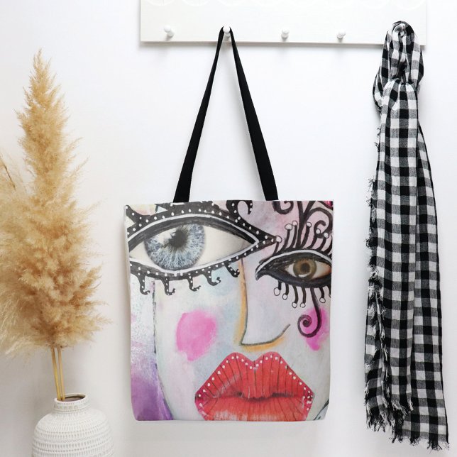Bolsa Tote Grafite De Arte De Colagem Quirky Bold Olhos Lábio (Criador carregado)