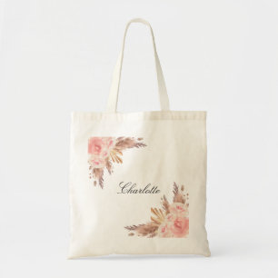 Bolsa Tote Grama das pampas rosa dourado floral branco nome