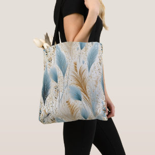 Bolsa Tote Grama De Pampas Azul E Dourada