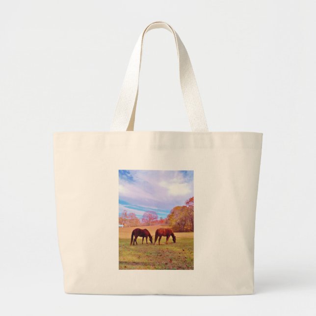 Bolsa Tote Grande 2 Cavalos castanhos num campo de cor (Frente)