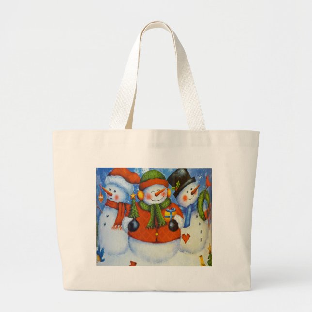 Bolsa Tote Grande 3 Snowmen Feliz (Frente)