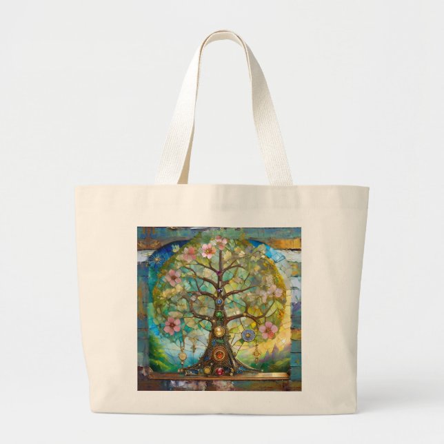 Bolsa Tote Grande 7 Chakra Blossoming Tree Of Life (Frente)