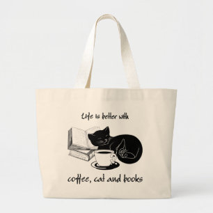 BOLSA TOTE GRANDE A VIDA É MELHOR COM CAFÉ DE GATO E LIVROS