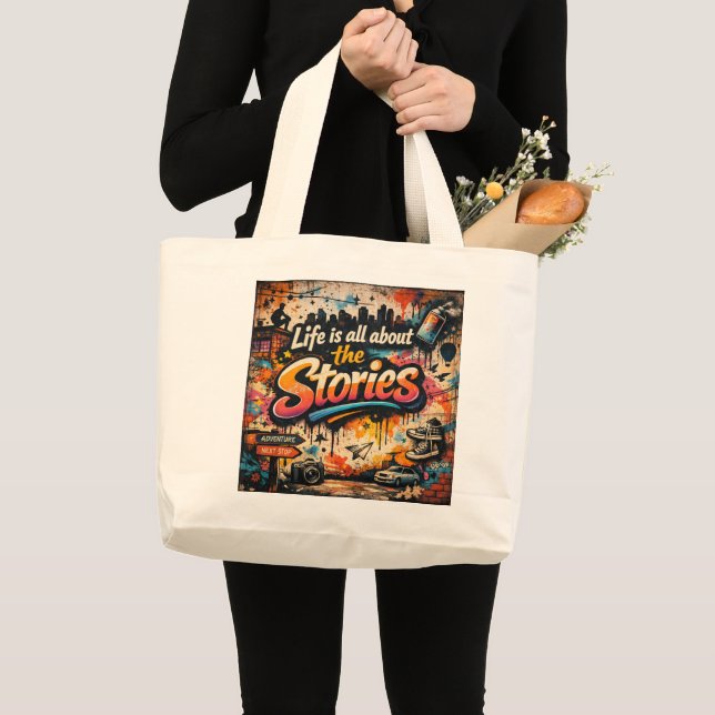 Bolsa Tote Grande "A vida é sobre as Histórias" (Frente (produto))