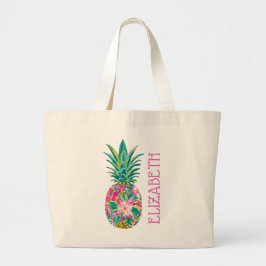 Bolsa Tote Grande Abacaxi Floral Rosa e Verde Tropical