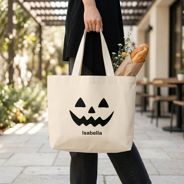 Bolsa Tote Grande Abóbora de Halloween Personalizada com Rosto de Ja (Criador carregado)