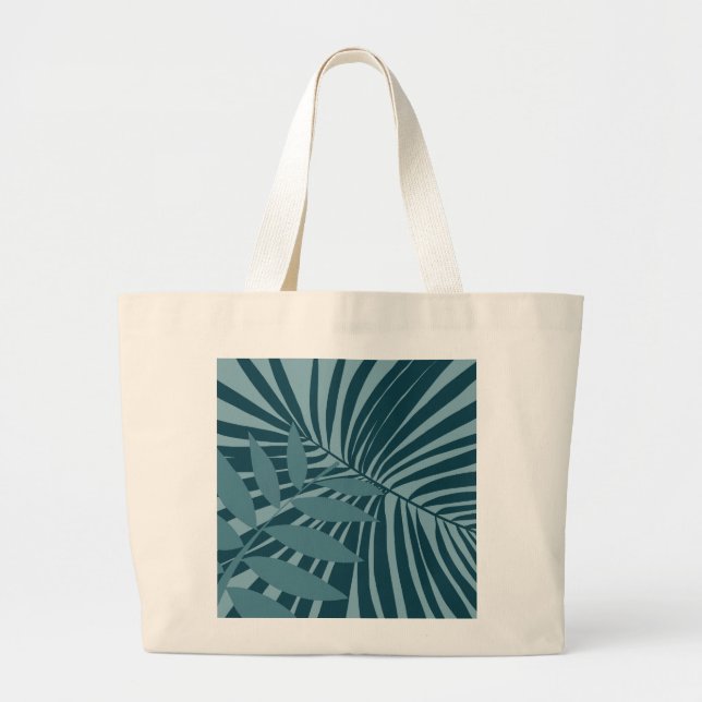 Bolsa Tote Grande abstrato de palma e folha tropical em cinza azul (Frente)