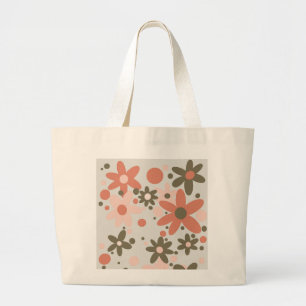 Bolsa Tote Grande Abstrato flores de coral, pêssego e verde