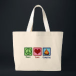 Bolsa Tote Grande Acampamento de Amor pela Paz<br><div class="desc">Um presente bonito de mochila de acampamento com um sinal de paz,  coração e fogueira de um acampamento ao ar livre. Acampamento Peace Love.</div>