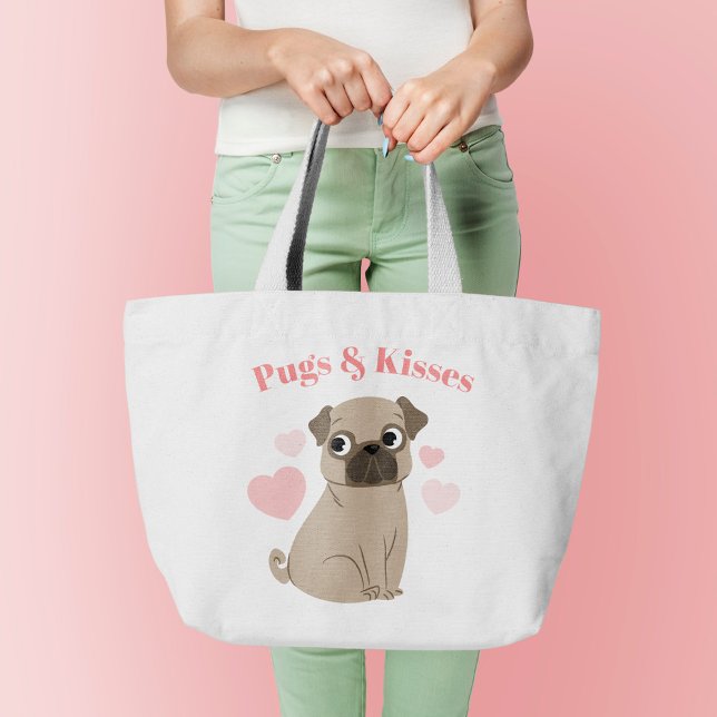 Bolsa Tote Grande Adorável Pug Puppy "Pugs and Kisses" (Criador carregado)
