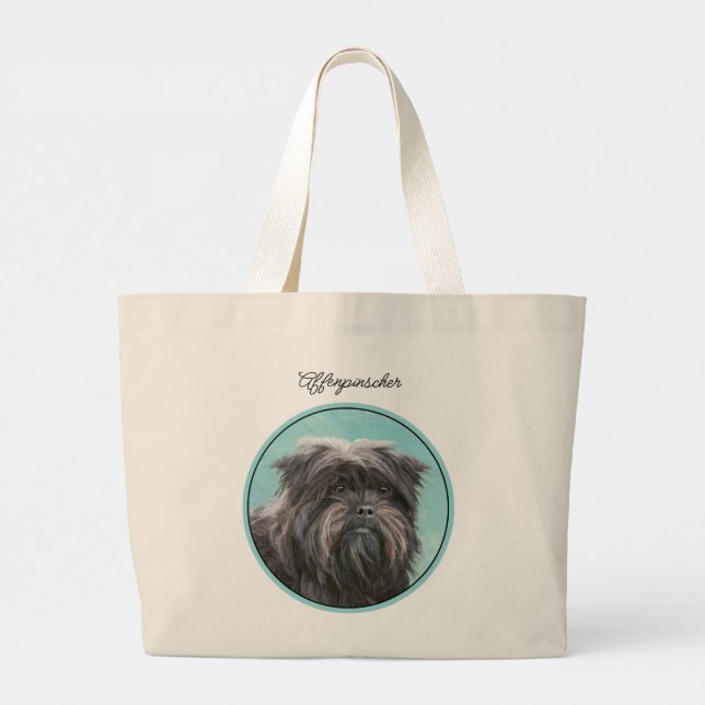 Bolsa Tote Grande Affenpinscher Pintando Arte Negra e Cachorro Prate (Verso)