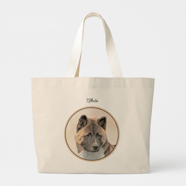 Bolsa Tote Grande Akita American Japonês Inu Sable Painting Art (Verso)