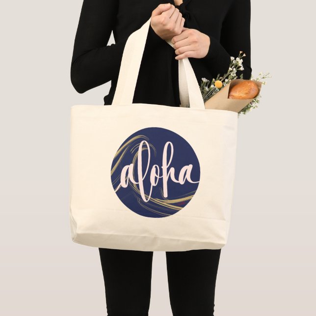 Bolsa Tote Grande Aloha Tote Bag Dark Azul Dourado com o tema do oce (Frente (produto))
