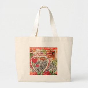 Bolsa Tote Grande Amar Pássaros Coração Colagem de Arte Vermelha